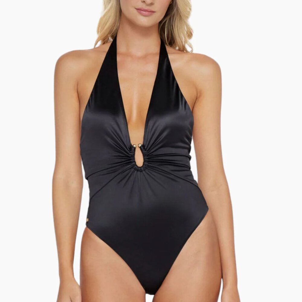 NWT PQ Plunge One Piece Black Swimsuit Size M